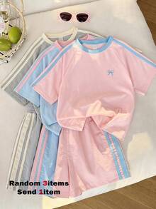 SHEIN 少女 T-shirt 套裝，運動風，粉色與深綠色拼接短袖 T-shirt 與短褲套裝，夏季寬鬆修身設計，輕量面料，適合日常穿著、休閒運動或搭配穿搭 - 粉色 - 查看 1