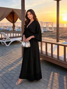 SHEIN Lady CURVE Plus Size Women Solid Color Pleated Fitted Split Hem Dress Vacation Black Autumn Elegant Vacation Wedding Guest Fall - Black - View 5