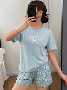 DAZY 2件組字母印花短袖T恤與花卉短款睡褲，夏季女款睡衣套裝 - 藍色 - 查看 1