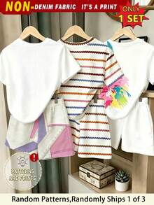 (1 Random Item From 3) Girls Fresh Ink Splatter Striped Colorful Floral Pink Purple Patchwork Heart Pattern Basic Short T-Shirt And Shorts - Multicolor - View 2