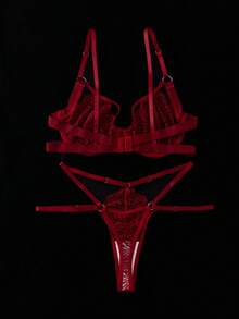 SHEIN 2件組橘色鋼圈內衣與內褲套裝，亮麗甜美風格 - 酒紅色 - 查看 2