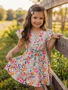 Emery Rose Kids Emery Rose Kids 少女碎花V领荷叶边短袖连衣裙，度假风 - 粉色 - 查看 1