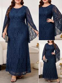 Reflora Plus Size Rhinestone Decorated Lace Ruffle V-Neck Elegant Dress Wedding Evening Dinner Formal Evening Navy Blue Autumn Wedding Fall - Blue - View 3