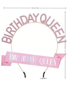 1件裝玫瑰金生日女王披肩搭配水鑽皇冠頭飾，亮片Happy Birthday女款頭帶，派對拍照亭裝飾配件套組 - B-粉紅色 - 查看 2
