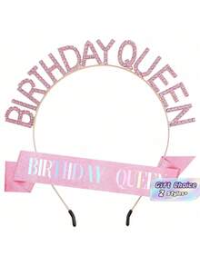 1件裝玫瑰金生日女王披肩搭配水鑽皇冠頭飾，亮片Happy Birthday女款頭帶，派對拍照亭裝飾配件套組 - B-粉紅色 - 查看 1