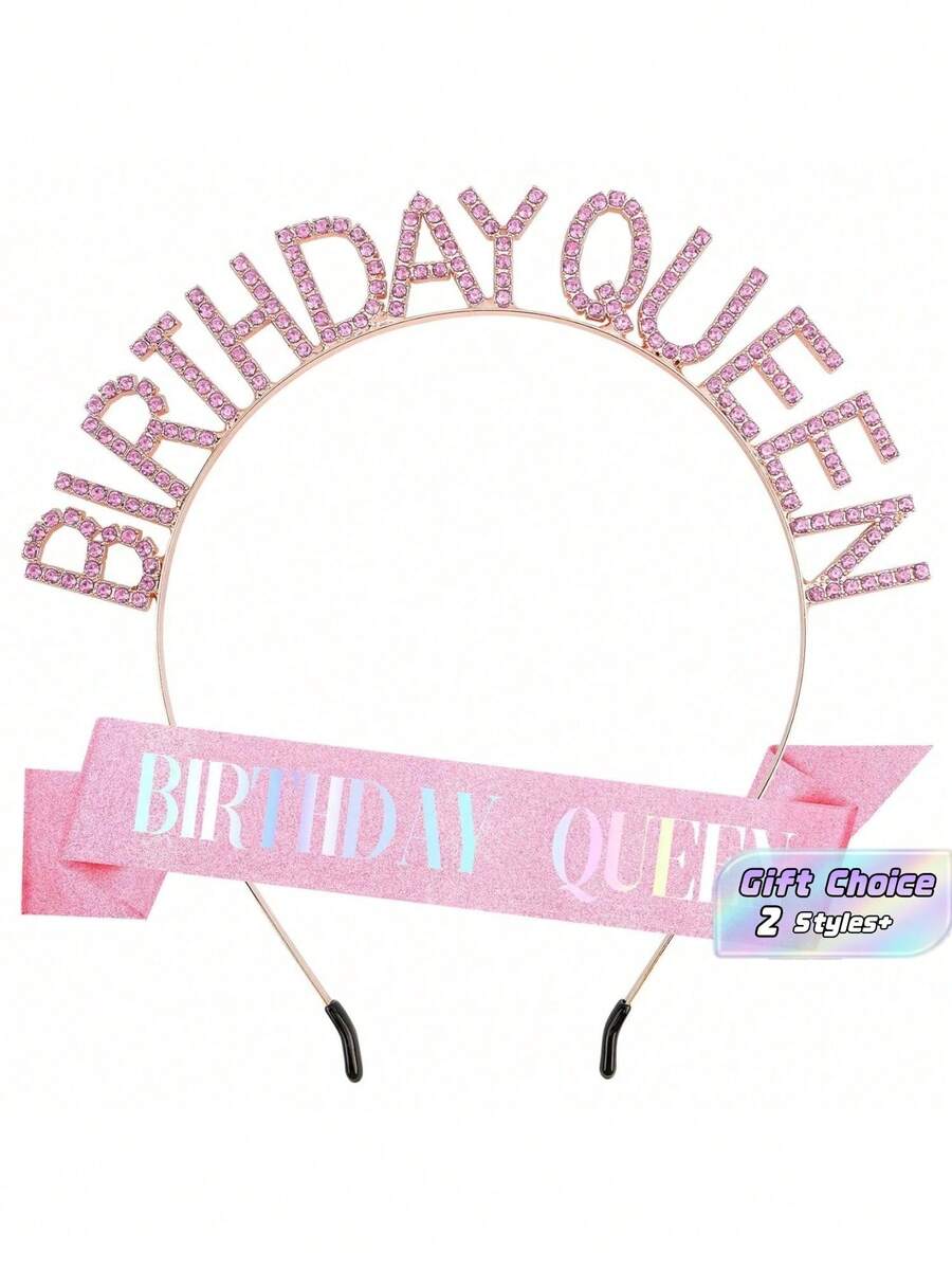 1件裝玫瑰金生日女王披肩搭配水鑽皇冠頭飾,亮片Happy Birthday女款頭帶,派對拍照亭裝飾配件套組 - B-粉紅色 - 查看 1
