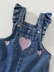 Cozy Pixies Baby Girl Pink Heart Embroidered Pattern Blue Denim Overalls Pcs - Blue - View 3
