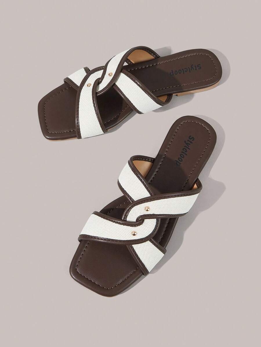 Styleloop Women Shoes Multi-Colored Canvas Splicing Square Toe Flat Bottom Cross Sandals, Simple Casual Style, Suitable For Daily Commuting, Vacation Travel - Brown - View 1