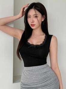 DAZY 女款蕾絲拼接蝴蝶結裝飾修身百搭休閒日常T恤 - 黑色 - 查看 9