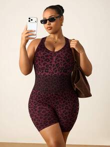 Slayform Rompi Olahraga Tanpa Lengan dengan Potongan Belakang Motif Leopard untuk Wanita Ukuran Plus - Hot Pink - View 6