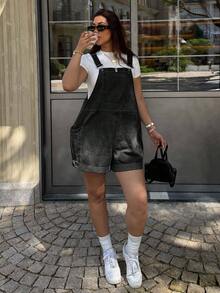 Dripcurv Plus Size Women's Pocket Casual Everyday Denim Romper - Black - View 8