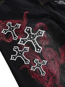 ROMWE Grunge Punk Vintage Washed Cross Print Plus Size Denim Jeans - Black - View 2