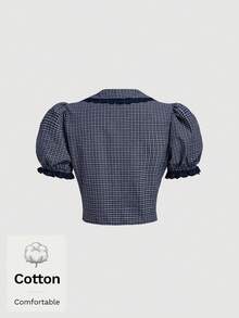 SHEIN MOD Blus Crop Lengan Puff dengan Hiasan Renda, Atasan Lengan Pendek - Navy Blue - View 3