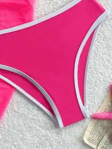 SHEIN 女童3件組泳衣套裝，桃紅色配白色滾邊素色面料掛脖三角上衣、三角比基尼泳褲、繫帶網紗罩衫裙，高彈性海灘度假泳裝，時尚休閒精緻，適合游泳、夏季度假、夏季海灘、海邊、游泳池、夏季假期派對、休閒度假 - 玫紅色 - 查看 4