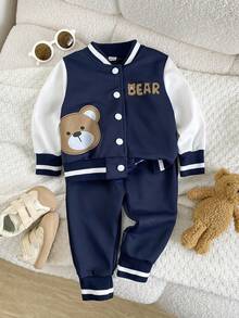 SHEIN Playful Pals 2件組男嬰運動簡約字母與熊圖案夾克外套＋純色長褲套裝，休閒日常穿著 - 藏蓝色 - 查看 3