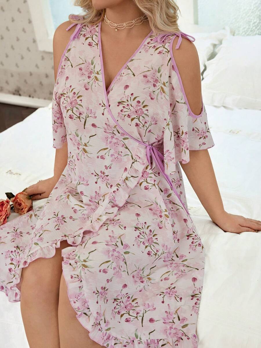 CottageSlumber Romantic Floral Print Off-Shoulder Side Tie Design Plus Size Nightgown - Multicolor - View 1