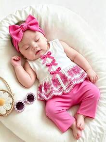 SHEIN Playful Pals 新生女嬰夏季無袖圓領前扣蝴蝶結下擺刺繡彈性腰直筒褲套裝 - 粉色 - 查看 7