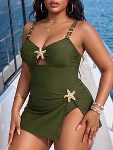 Swim Oasis Maillot de bain une pièce élégant grande taille pour femmes, vacances d'été à la plage, ensemble maillot de bain 2 pièces élégant pour femmes avec décoration perlée, bretelles doubles, contrôle du ventre, maillot de bain une pièce amincissant + jupe fendue polyvalente, maillot de bain marron, maillot de bain étoile de mer pour les vacances - Militaire verte - Voir 5
