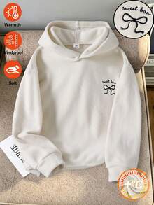 SHEIN 青少年女孩字母蝴蝶結圖案連帽休閒日常長袖衛衣 - 米色 - 查看 1