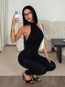 SHEIN PETITE Women's Solid Color Casual Daily Wear Halter Neck Jumpsuit - Black - View 4