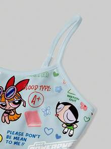 Sweetina THE POWERPUFF GIRLS X SHEIN 女款細肩帶上衣與短褲兩件套，鬆緊腰，休閒極簡 IP 聯名印花圖案，適合度假、畢業季、夏季上衣、日常通勤、約會、派對、秋冬春夏、聖誕節、新年、感恩節、婚禮、海灘 - 彩色 - 查看 4