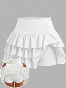 SHEIN Girlism 青少年女孩休閒運動學院風返校穿搭 白色內建內搭褲雙層荷葉邊蛋糕迷你裙 Spsurprise Box [隨機 5 套，發送 1 套] - 白色 - 查看 6