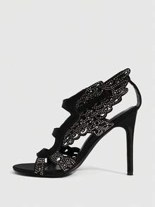 CUCCOO SZL Women's High-Heeled Sandals Rhinestone Wings Decorative Open Toe Shoes Fashion Personalized - Black - View 4