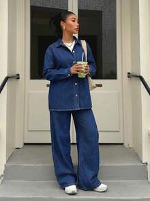 SHEIN Teen Girls Dark Blue Denim Loose Long Shirt & Pants 2-Piece Set Fall Winter Halloween Y2k Graduation Back To School - Blue - View 6