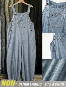 EMERY ROSE Jumpsuit size lớn phong cách thường ngày in họa tiết denim có túi, cúc và dây đeo - Màu xanh lam - Xem 1