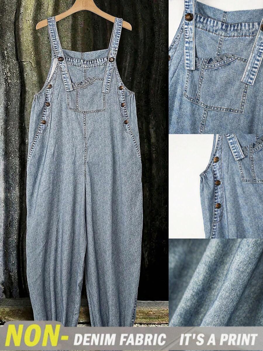 EMERY ROSE Jumpsuit size lớn phong cách thường ngày in họa tiết denim có túi, cúc và dây đeo - Màu xanh lam - Xem 1