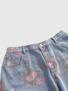 ROMWE Fairycore Celana Jeans Wanita Ukuran Besar Model Longgar dengan Potongan Lebar dan Motif Bunga Vintage. - Biru - View 3