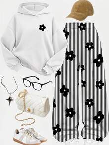 Vintage Black & White Contrast Striped Floral Print, Teen Girls Hooded Sweatshirt & Loose Straight Leg Sweatpants 2-Piece Set, Suitable For Daily Commute, Date, Party, Autumn/Winter/Spring/Summer, Beach, Graduation Ceremony, Fashion, Elegant, Casual, Outing, Appointment, Vacation, Y2K - Multicolor - View 2