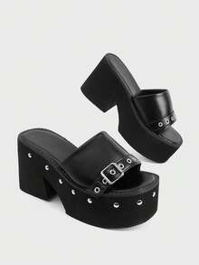 Sugerpunk Women's Thick-Soled Sandals Wear New Rivets, Slip-On Wedges, Slippers, Thick-Heeled High-Heeled Sandals. - Black - View 10