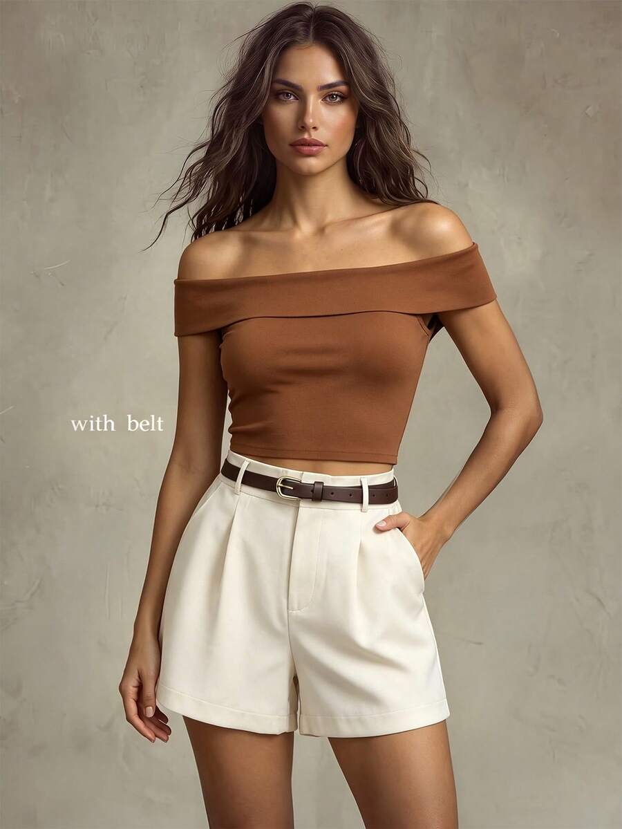 Franclia Women's Elegant 2 Pieces Set,Summer Bandeau Top And Shorts With Belt,All Shades Of Brown,Brunch Casual Office Wear Preppy Style Outfits - Brown - View 1