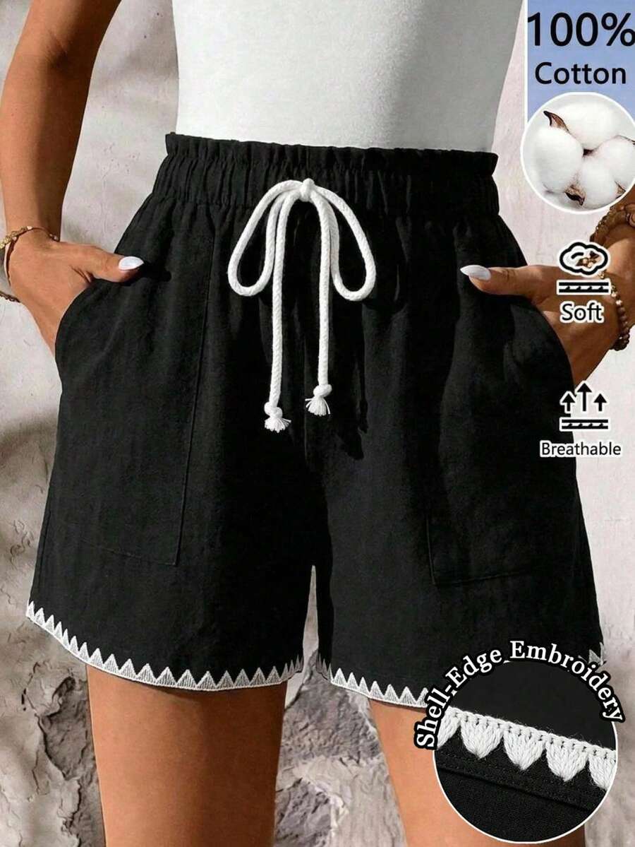 SHEIN LUNE 女款純棉貝殼蕾絲刺繡鬆緊腰口袋短褲 - 彩色 - 查看 1