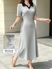 Modelyn Women Grey Ribbed Knit Midi Dress Contrast Polo Collar Side Cutout Lace Up Slim Long Dress Daily Elegant Wear - Grey - View 2