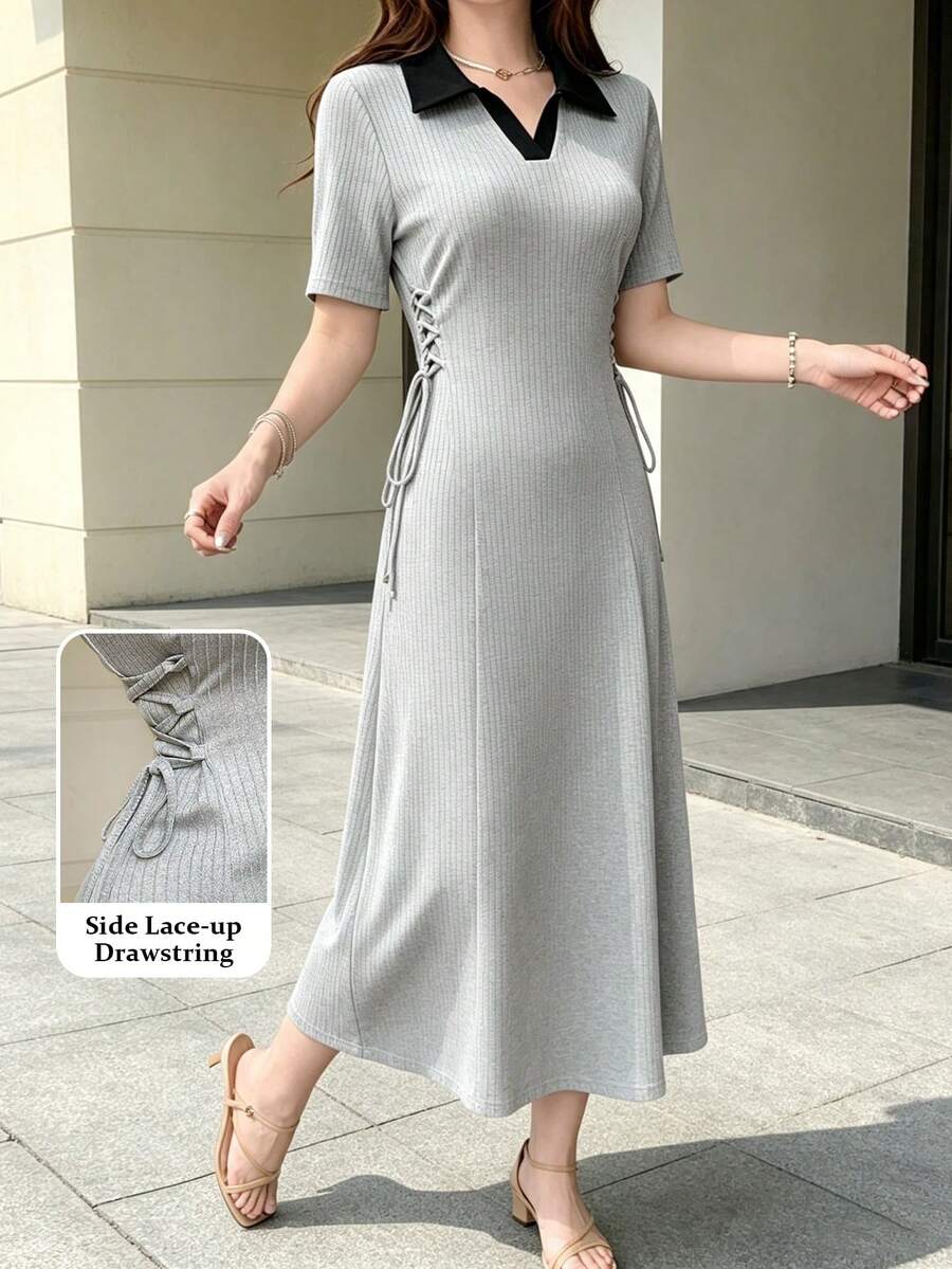 Modelyn Women Grey Ribbed Knit Midi Dress Contrast Polo Collar Side Cutout Lace Up Slim Long Dress Daily Elegant Wear