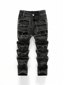 SHEIN Kids Young Boy Casual Washed Distressed Denim Jeans - Black - View 6