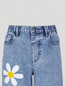 SHEIN ChillGRL 少女牛仔裤，春夏新款，四季皆宜，中度水洗牛仔蓝，Y2K风格，3D立体花卉刺绣，宽松阔腿，舒适棉质牛仔面料，适合日常穿着、上学、通勤、聚会等场合。 - 中等水洗藍 - 查看 6