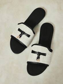 Styleloop Retro Color Matching Square Toe With Sandals Women Wear Linen Breathable Slouchy Sandals In Summer, Holiday Shoes - Black - View 5