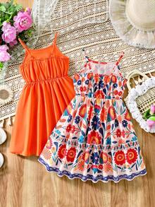 SHEIN Elladie kids 两件套少女时尚休闲碎花连衣裙，纯色荷叶袖，适合夏季海滩度假和姐妹装 - 彩色 - 查看 2