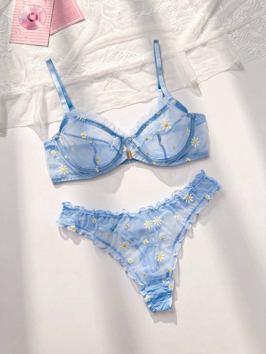 PetitDoll 2pcs/Set Romantic Embroidery Underwire Sexy Lingerie Set - Blue - View 1