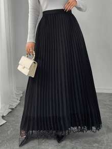 Modelyn Women's Elastic Waist Pleated Lace Patchwork Versatile Elegant Solid Color Skirt - Black - View 5