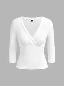 Comfortcana 3pcs Kaos Basic Putih, Hitam, Pink Muda, Leher V Dalam, Pas Badan, Lengan Sedang, Cocok untuk Kembali ke Sekolah, Atasan Awal Musim Gugur, Cocok untuk Perjalanan Sehari-hari, Pesta, dan Kerja - MultiWarna - View 3