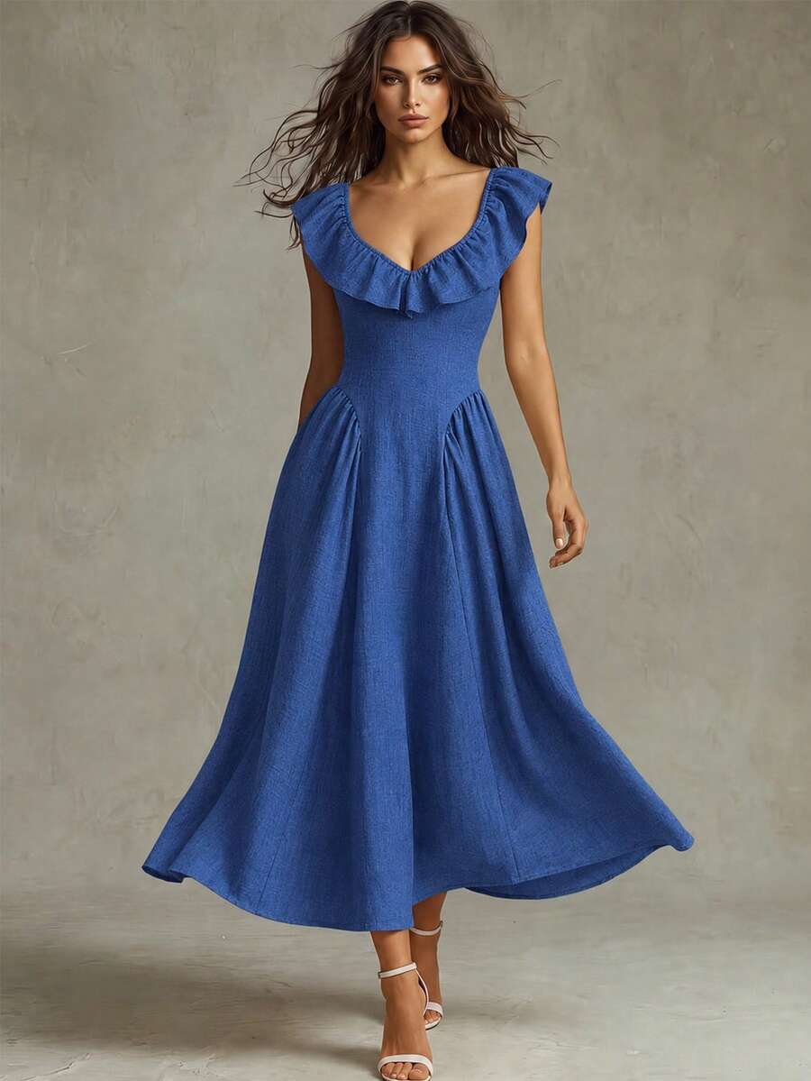 SHEIN Franclia 女士新款时尚优雅纽扣双色纹理面料短袖修身连衣裙，专为年轻优雅的通勤族设计，适合各种场合。 - 藍色 - 查看 1