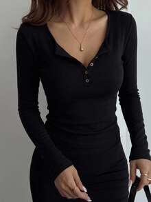 DAZY Women V-Neck Long Sleeve Soft & Cozy Undershirt - Black - View 8