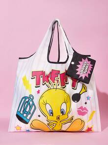 LOONEY TUNES X SHEIN 黃色小鳥印花聚酯纖維可折疊托特包，輕巧便攜，適合超市購物、日常與旅行使用，大容量且耐用 - 黃藍粉 - 查看 2