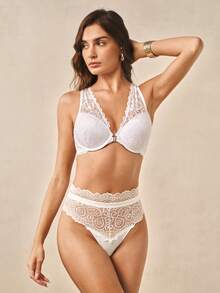 Hourtrue 1pc High-Rise Solid Color Contrast Lace Brief Lingerie Bridallingerie - White - View 3