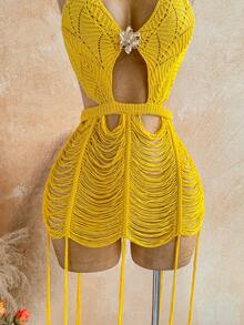 Soleia Vestido de Malha Plus Size Amarelo Manteiga com Borlas, Decote Halter e Costas Abertas, Sexy, para Praia, Férias, Encontro à Noite, Outono - Amarelo - Visão 6