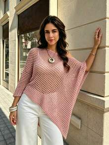 SHEIN Franclia 鏤空半透明圓領不對稱下擺毛衣 - 粉色 - 查看 3